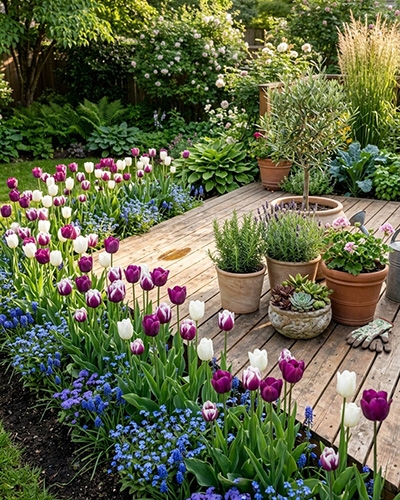 Parterre de tulipe sur le bord d'une terrasse en bois